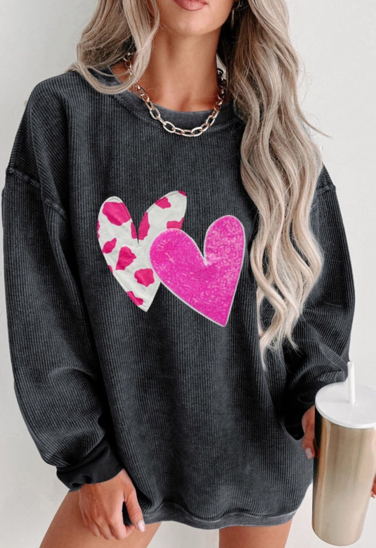 Double Heart Sequin Corded Pullover