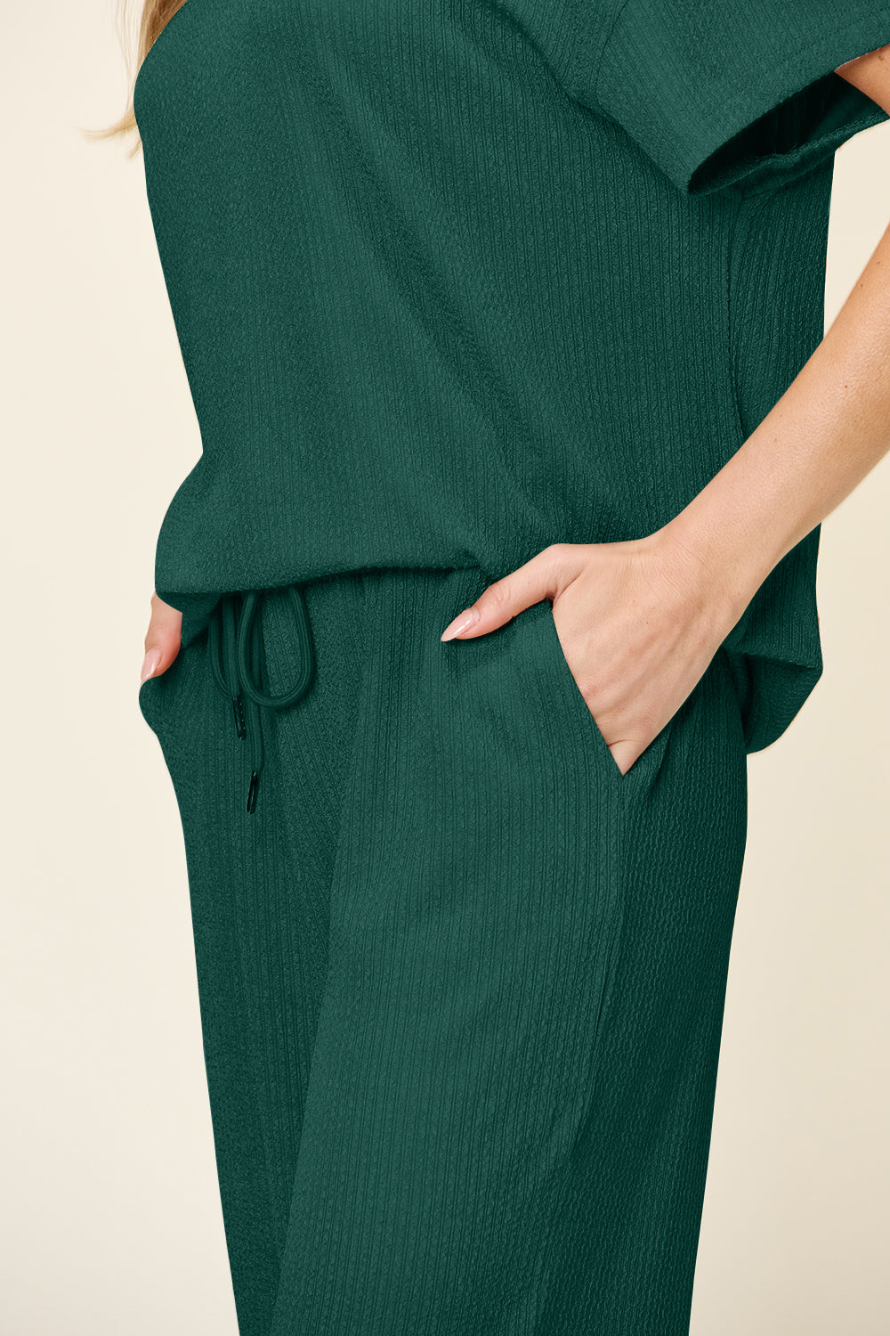 Double Take Full Size Texture Round Neck Short Sleeve T-Shirt and Wide Leg Pants