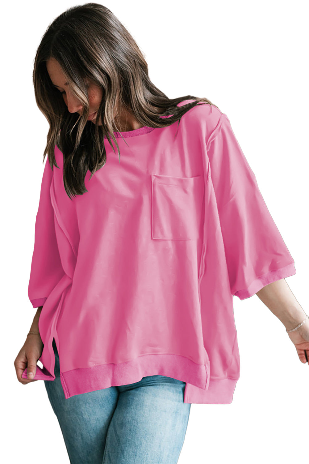 Light Grey Exposed Seam Pocket Side Split Loose T Shirt