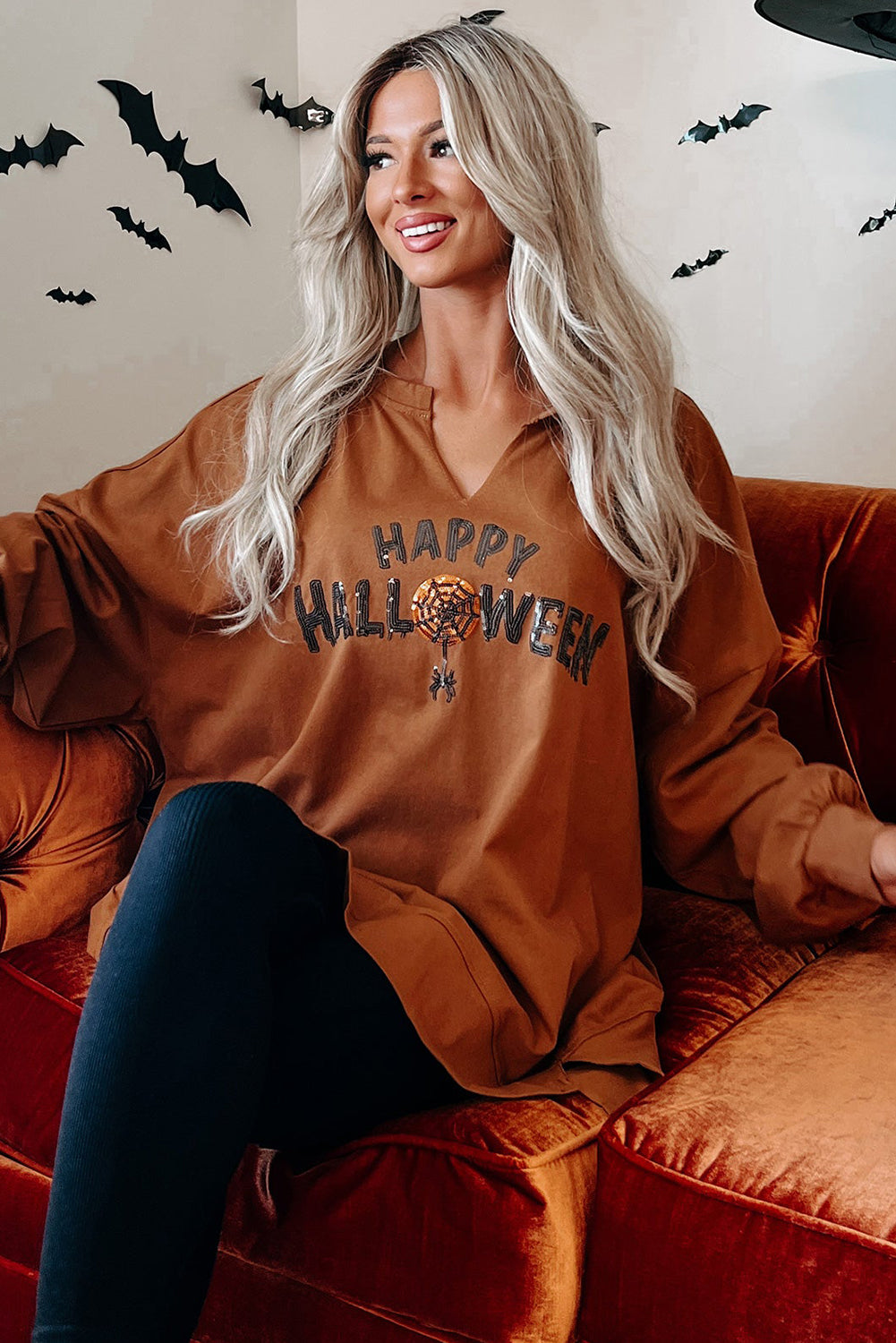 Chestnut Sequin Happy Halloween Graphic Notched Neck Loose Top