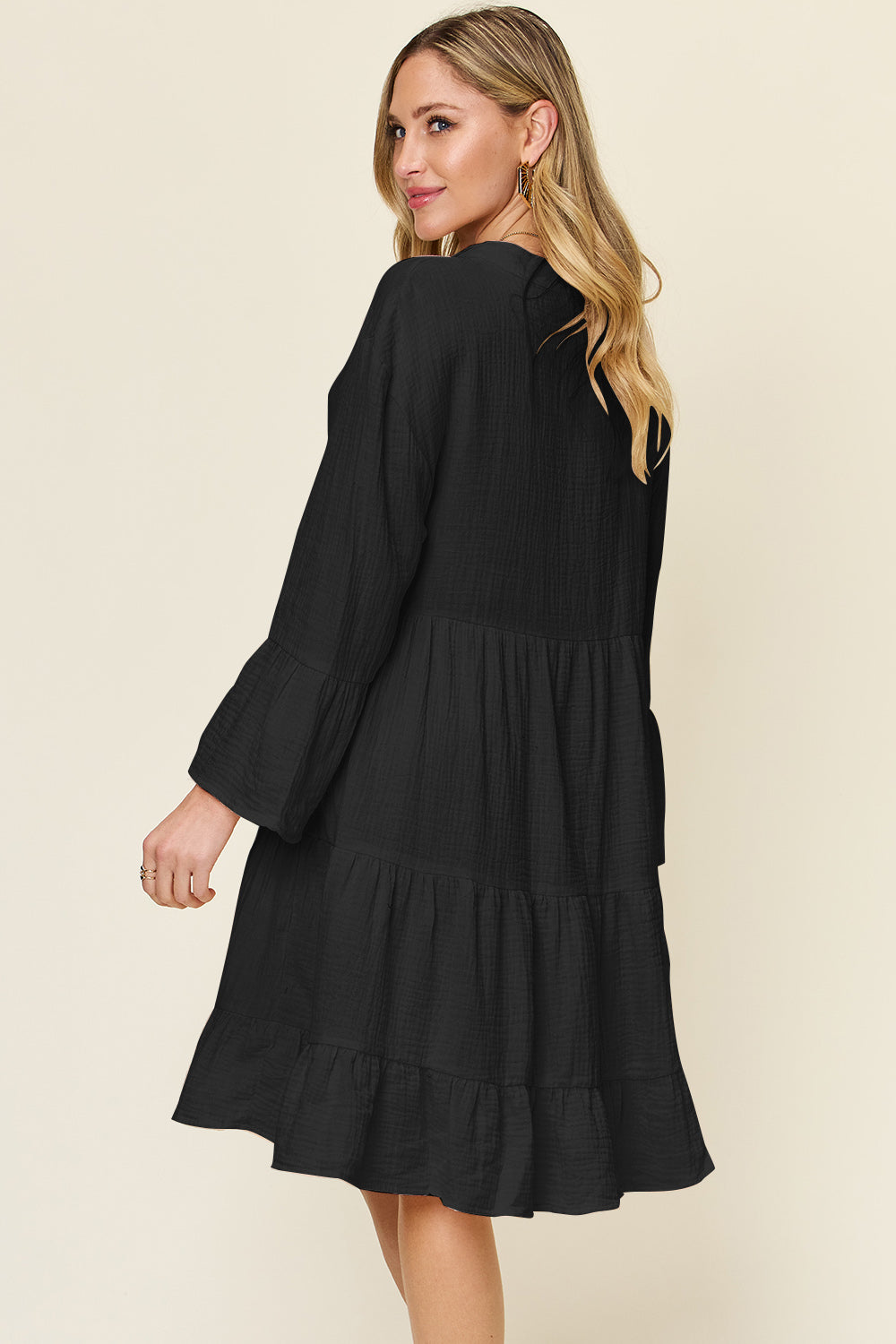 Double Take Full Size Texture Button Up Ruffle Hem Dress