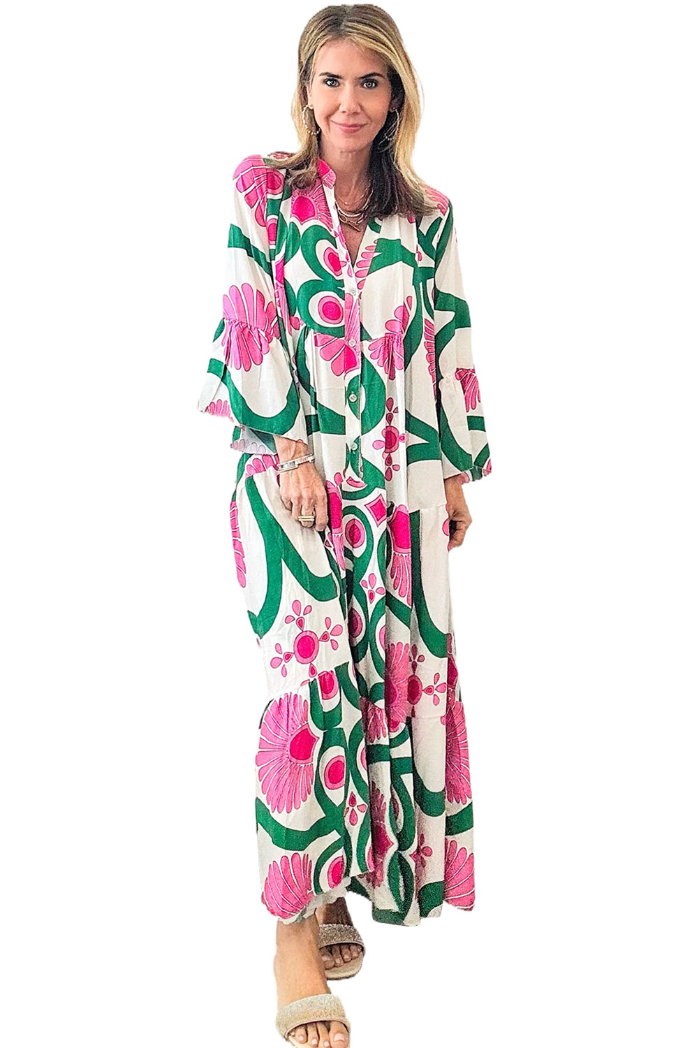 Pink Boho Abstract Button V Neck Oversized Maxi Dress