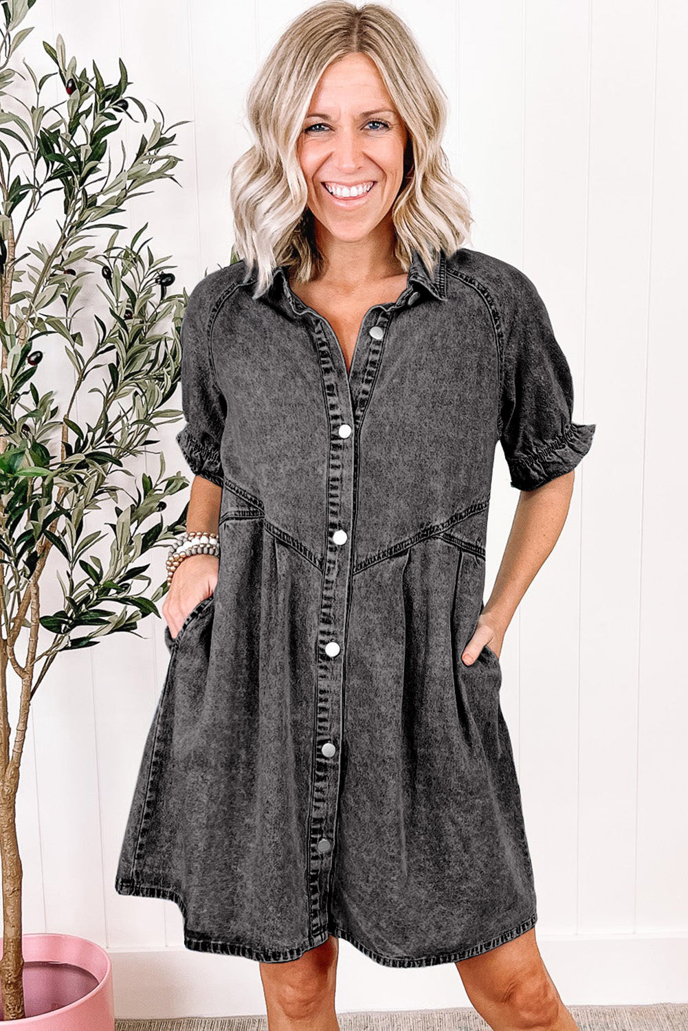 Medium Grey Mineral Wash Ruffled Short Sleeve Buttoned Denim Dress