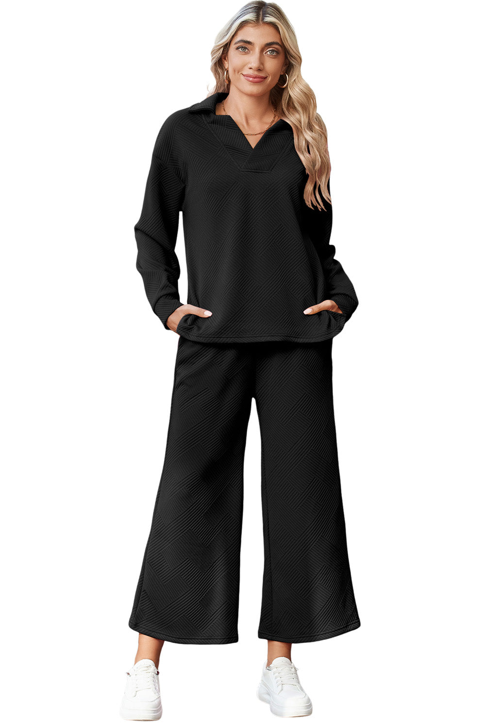 Textured Collared V Neck Top and Wide Leg Pants Set