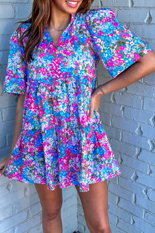 Multicolour Boho Floral Print Puff Sleeve Tiered Mini Dress