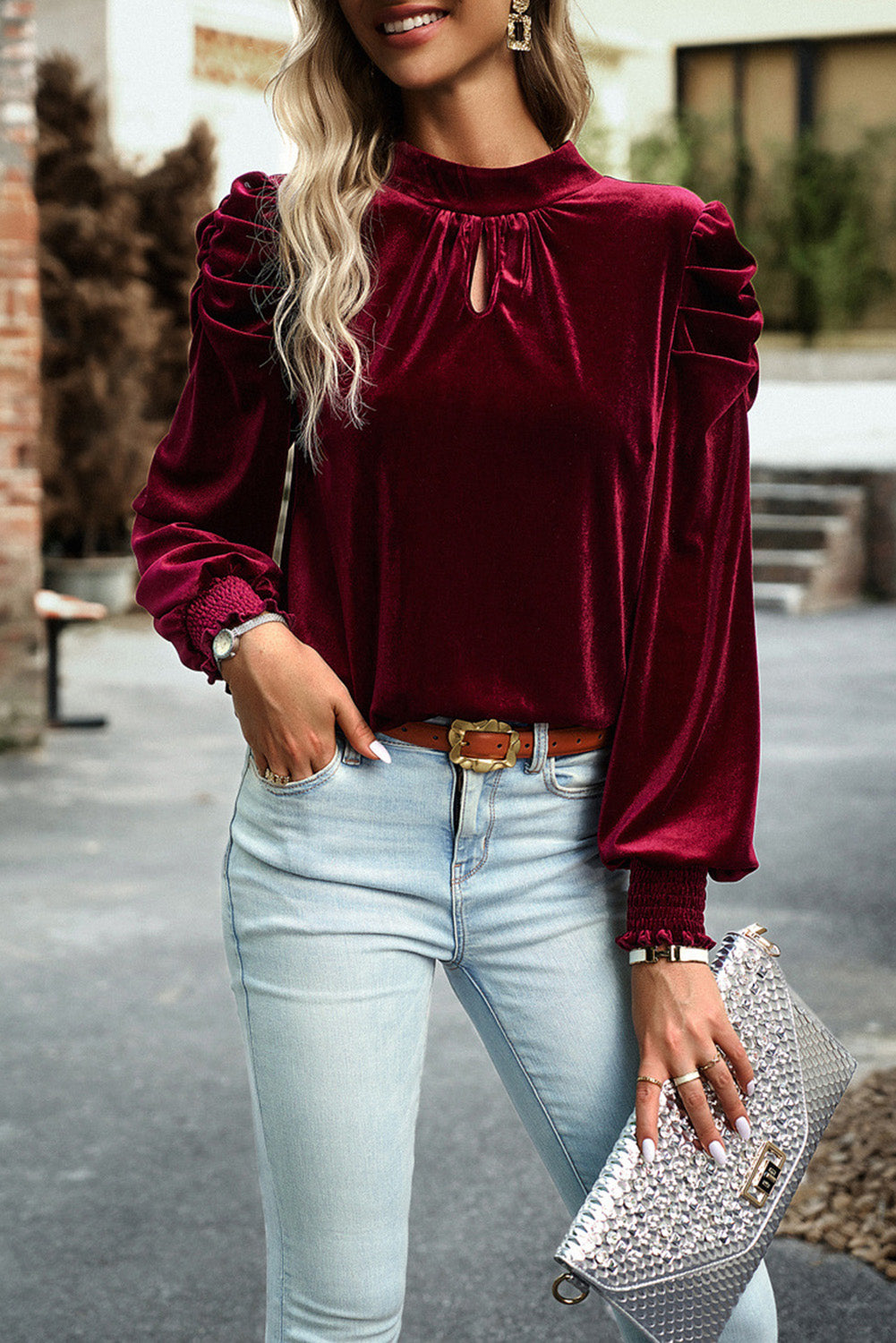 Peach Blossom Mock Keyhole Neck Puff Sleeve Velvet Blouse