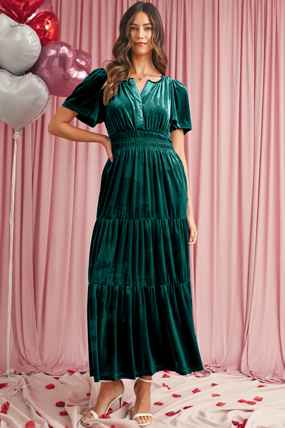 Red Dahlia Velvet Short Sleeve Shirred Waist Tiered Maxi Dress