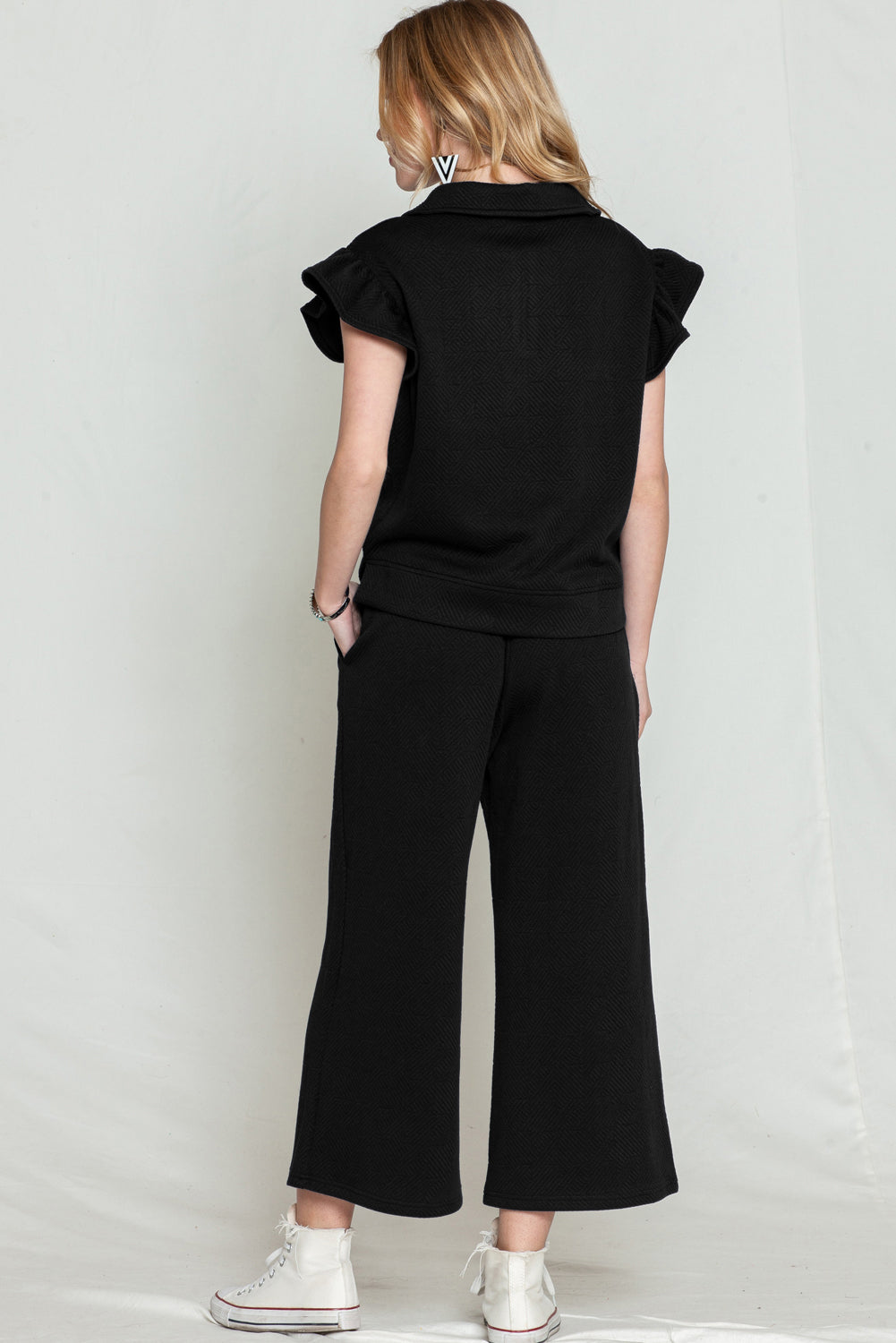 Black Textured Ruffle Cap Sleeve Top and Wide Leg Pants Set