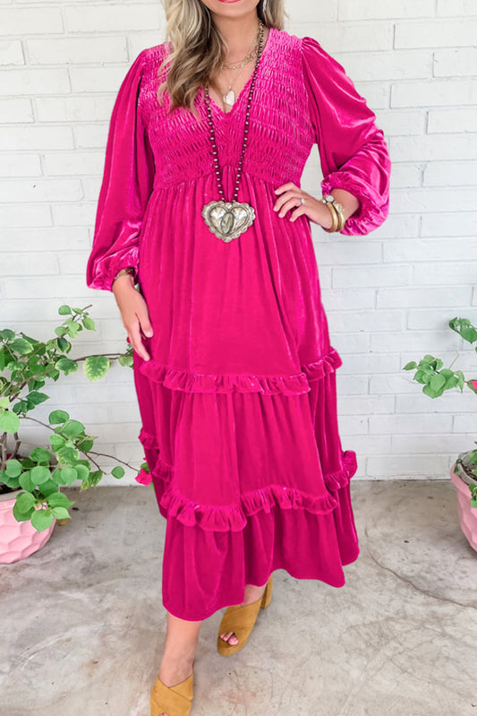 Rose Red Smocked V Neck Tiered Ruffle Velvet Plus Size Maxi Dress