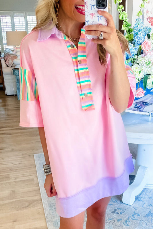 Pink Rainbow Stripe Henley Collar Patchwork Mini Dress