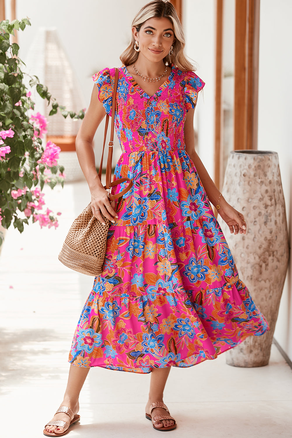 Boho Floral V Neck Ruffle Tiered Long Dress