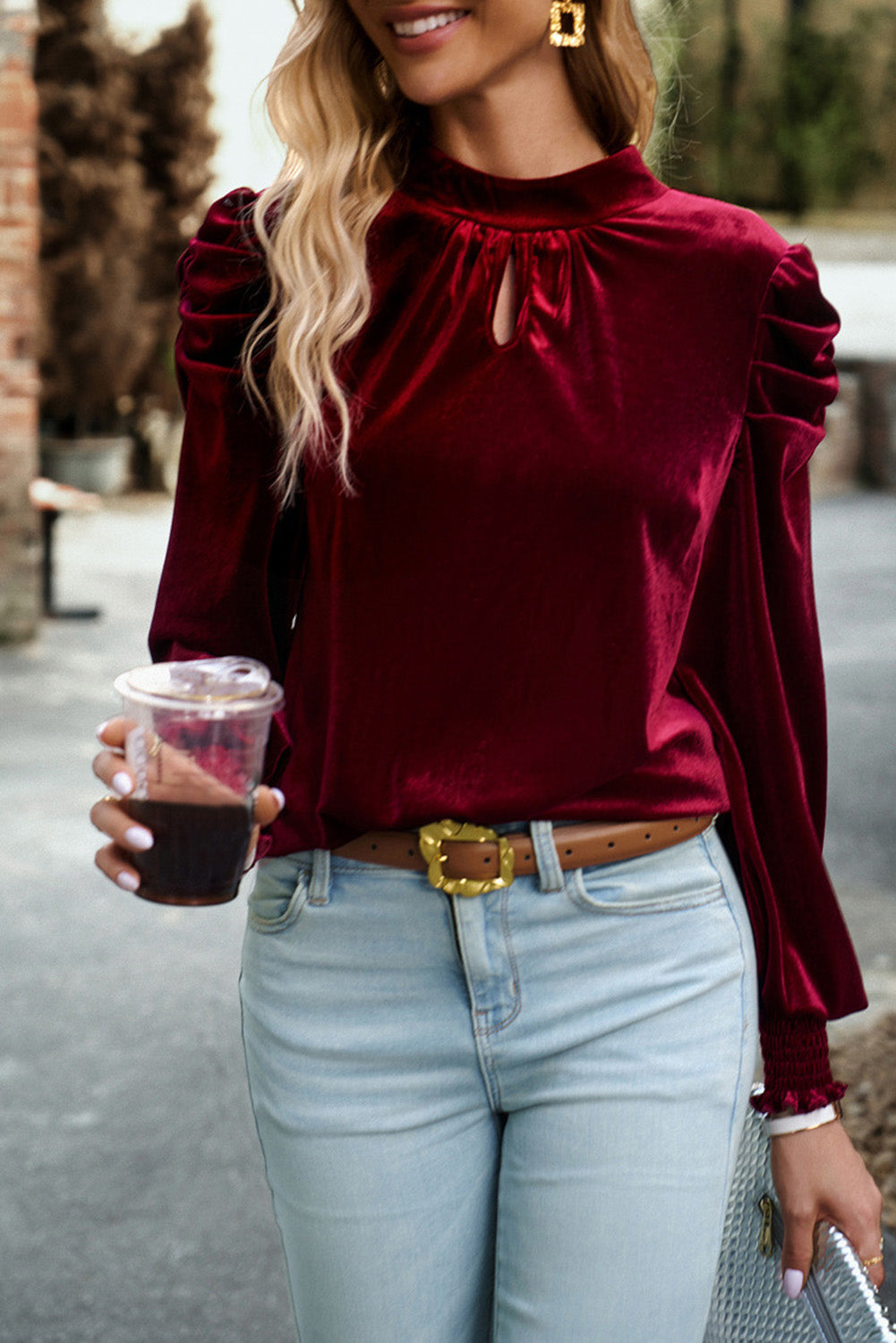 Peach Blossom Mock Keyhole Neck Puff Sleeve Velvet Blouse