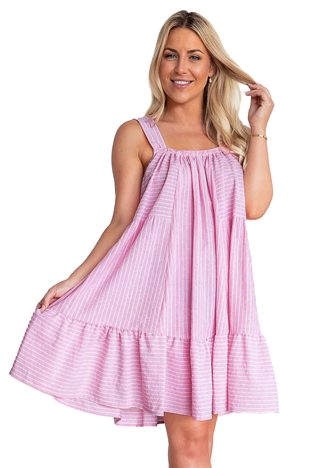 Pink Striped Ruffle Hem Sleeveless Mini Flared Dress