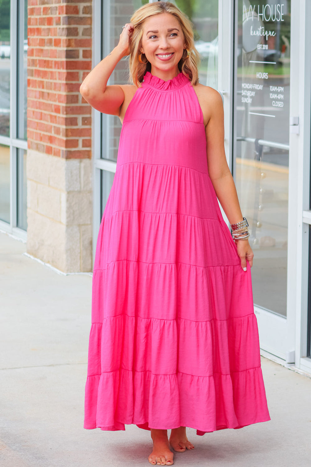 Rose Red Knotted Frill Neck Tiered Flared Maxi Dress