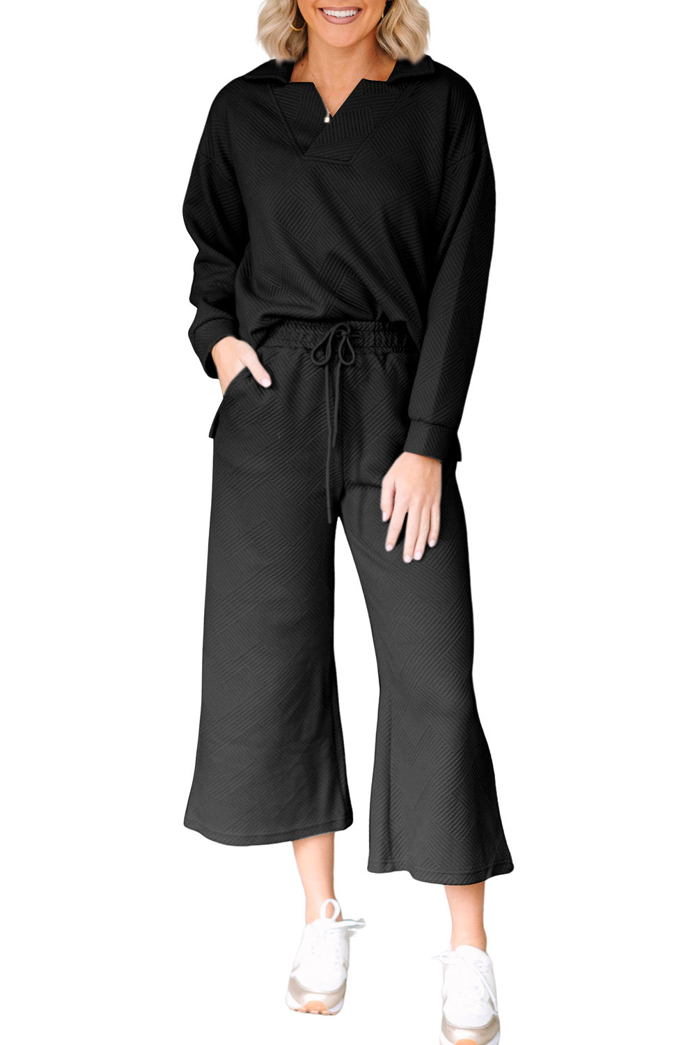 Textured Collared V Neck Top and Wide Leg Pants Set