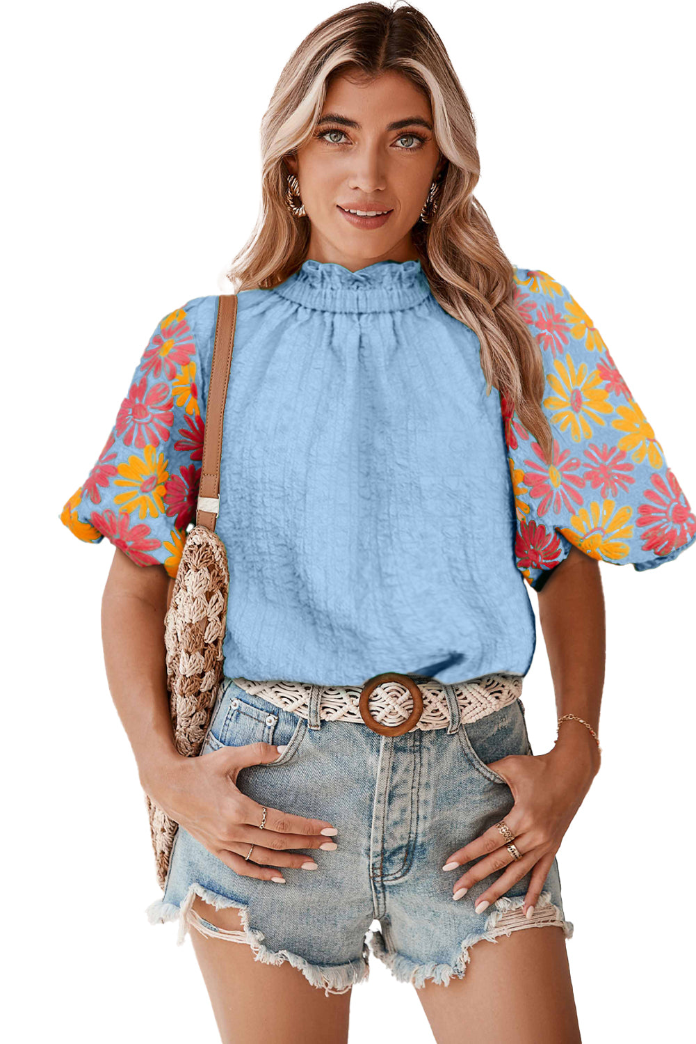 Myosotis Floral Print Puff Sleeve Button Back Frill Neck Blouse