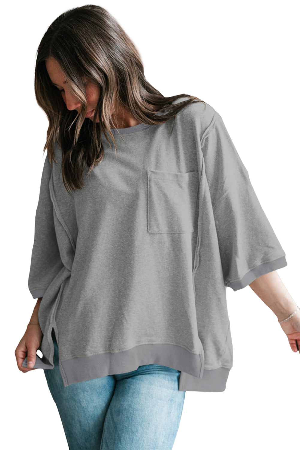 Light Grey Exposed Seam Pocket Side Split Loose T Shirt