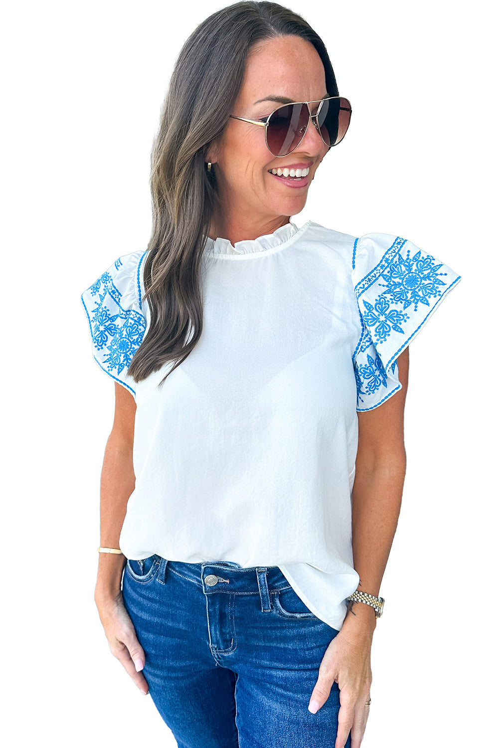 White Embroidered Ruffled Sleeve Frill Blouse