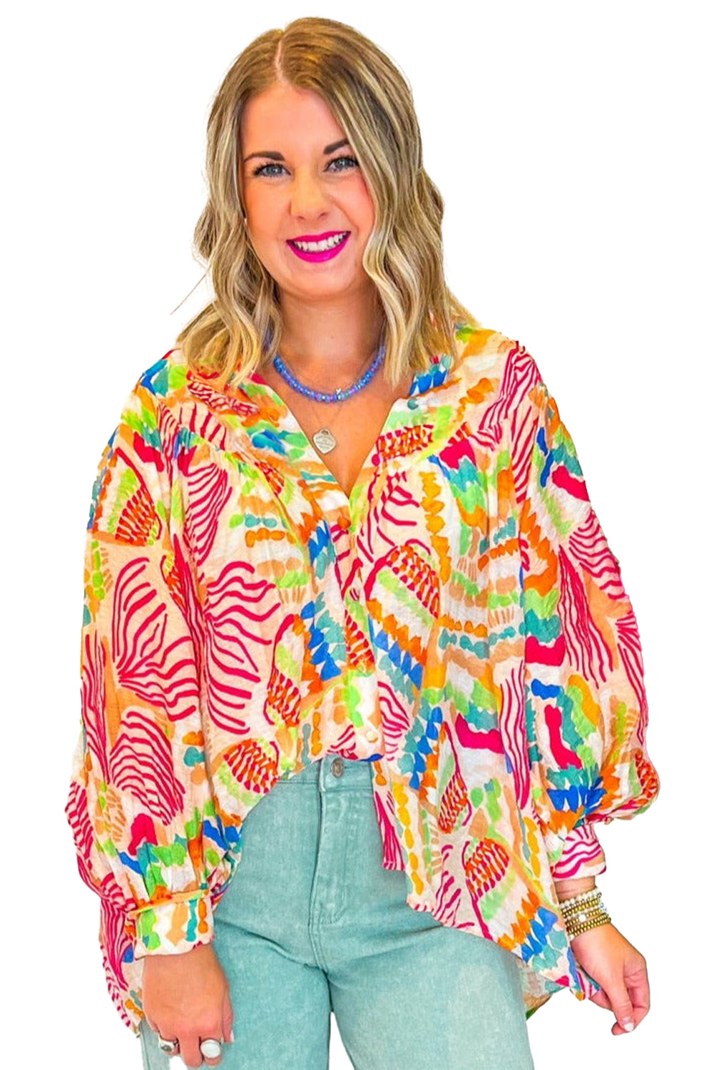 Orange Abstract Printed Long Sleeve Oversized Button Shirt