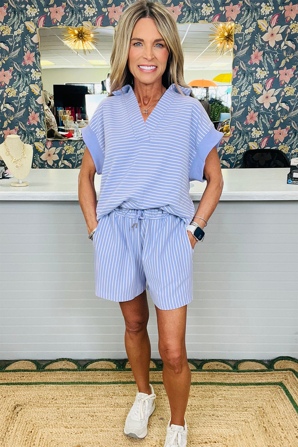 Sky Blue Striped Dolman Sleeve Pullover and Drawstring Shorts Set