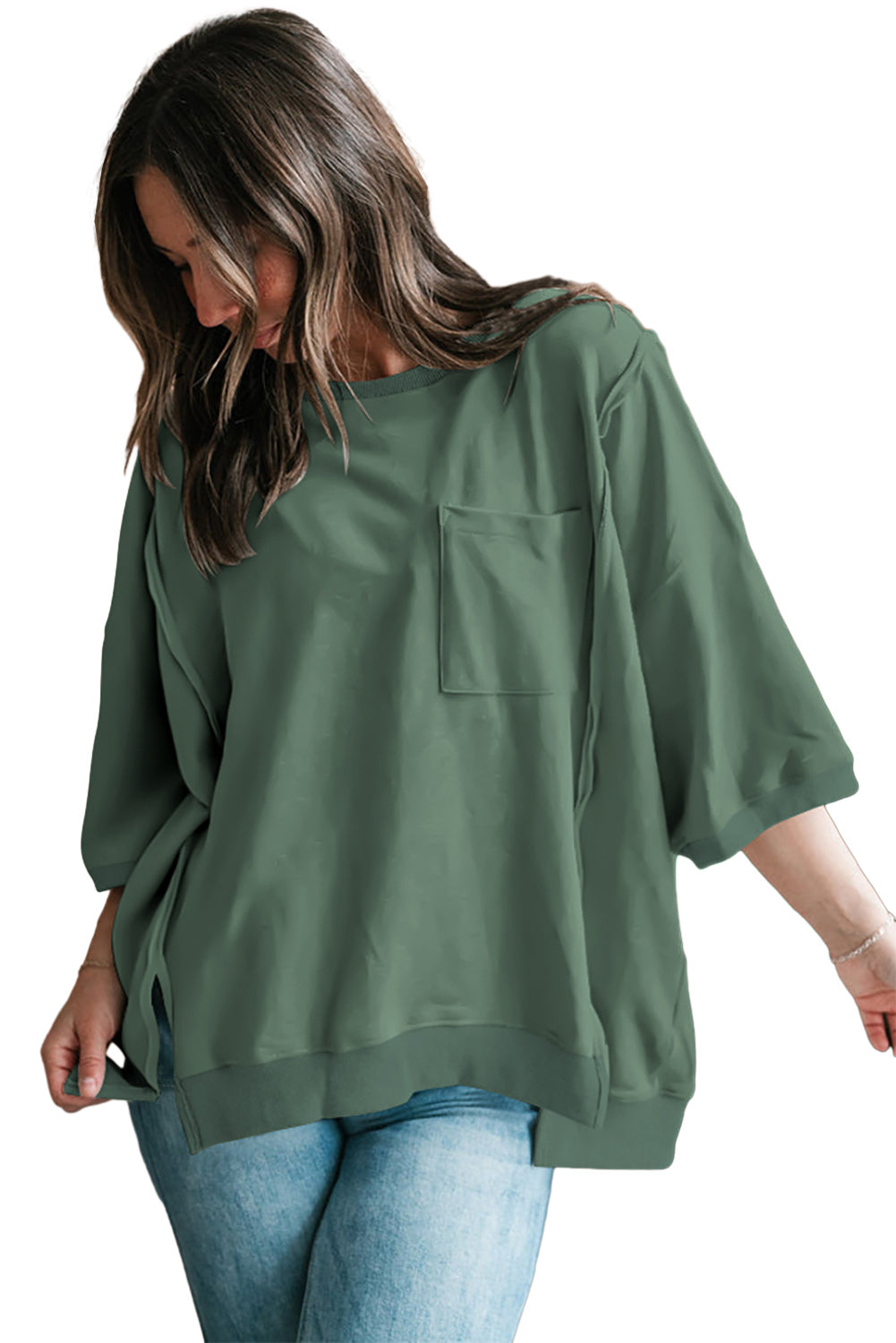 Light Grey Exposed Seam Pocket Side Split Loose T Shirt