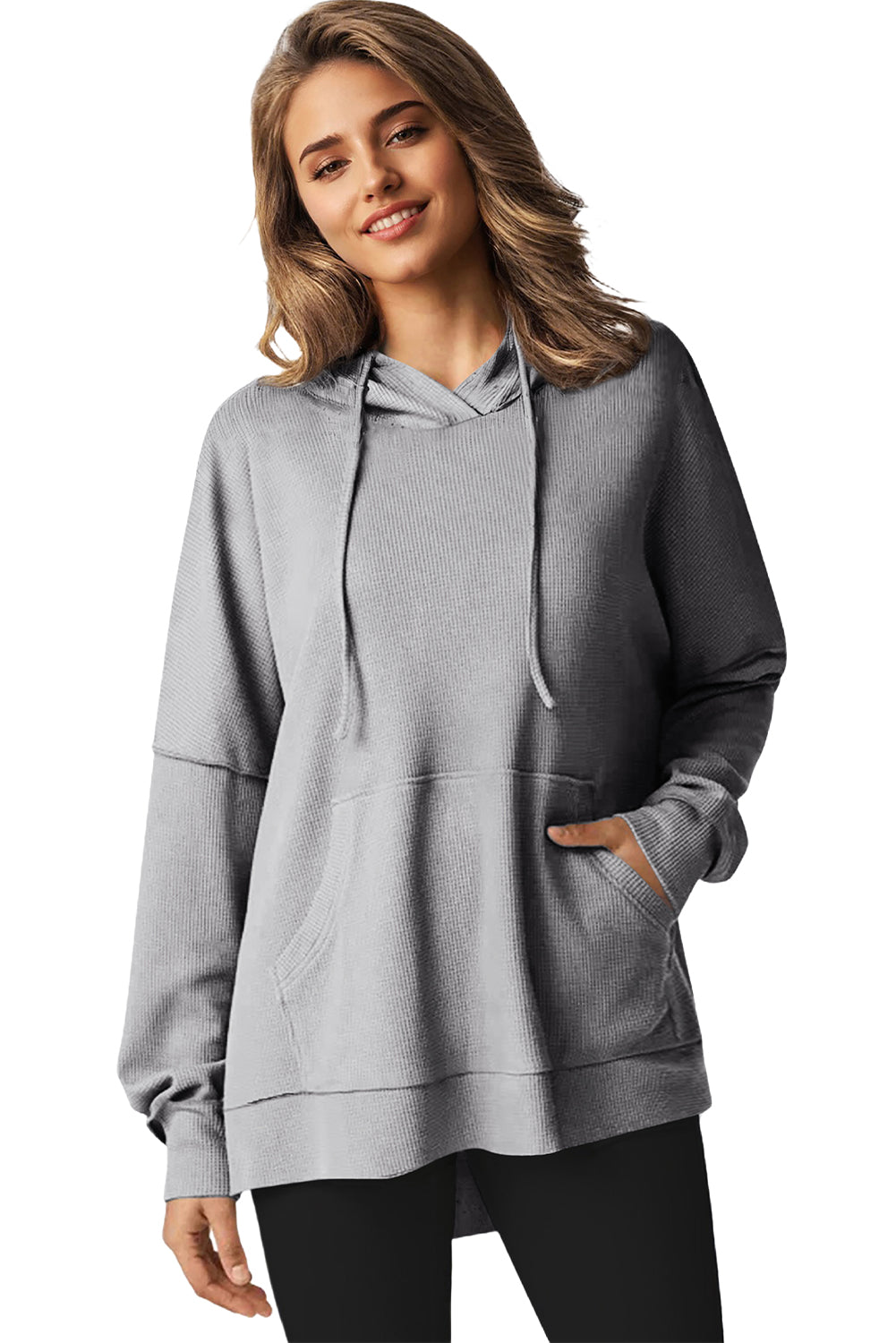 Gray Waffle Knit High Low Oversized Hoodie