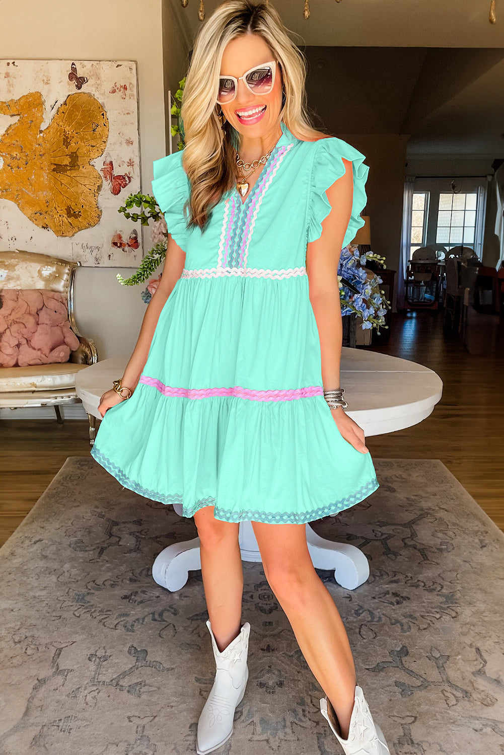 Beau Blue Flutter Sleeve V Neck Colorblock Ric Rac Tiered Dress