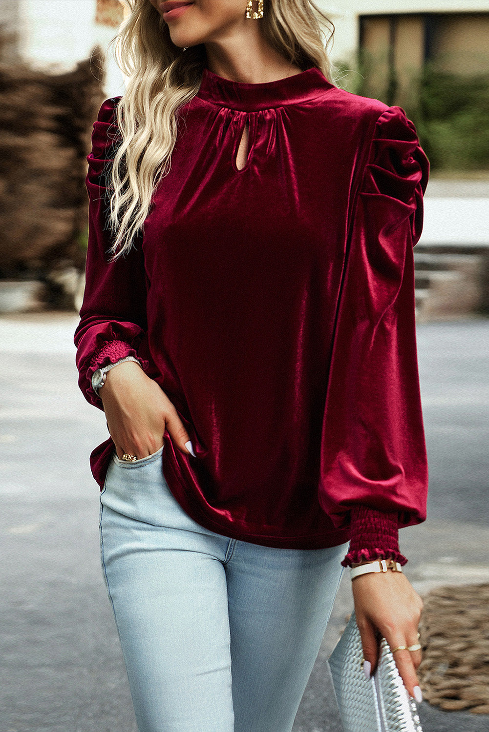 Peach Blossom Mock Keyhole Neck Puff Sleeve Velvet Blouse