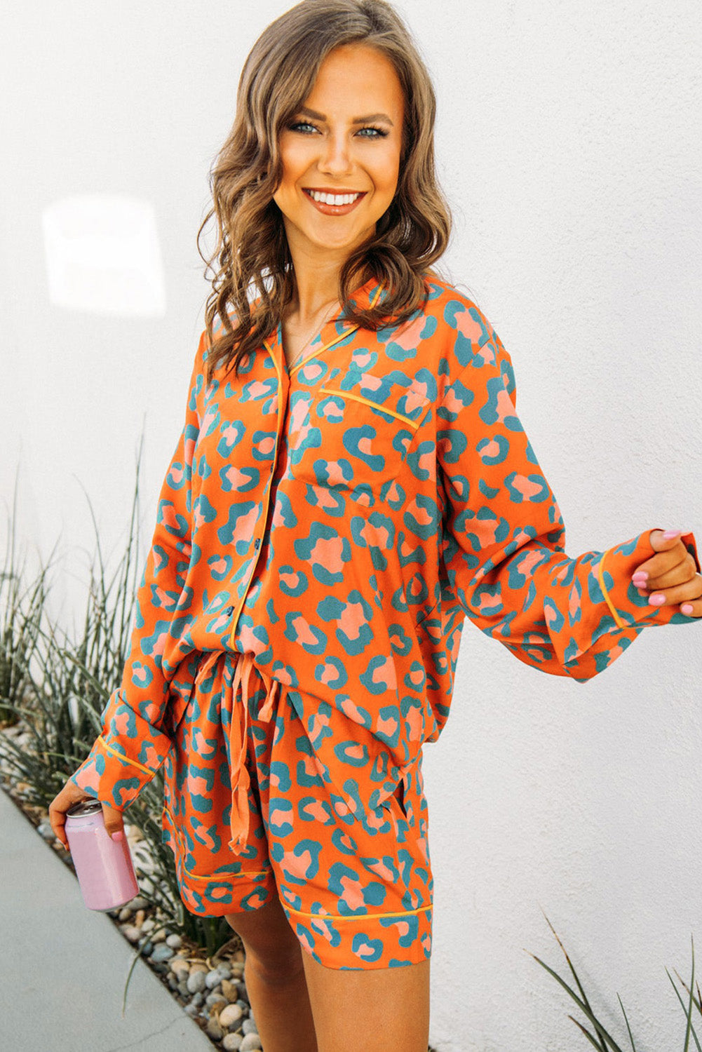 Pink Leopard Print Long Sleeve Shirt and Shorts Pajama Set