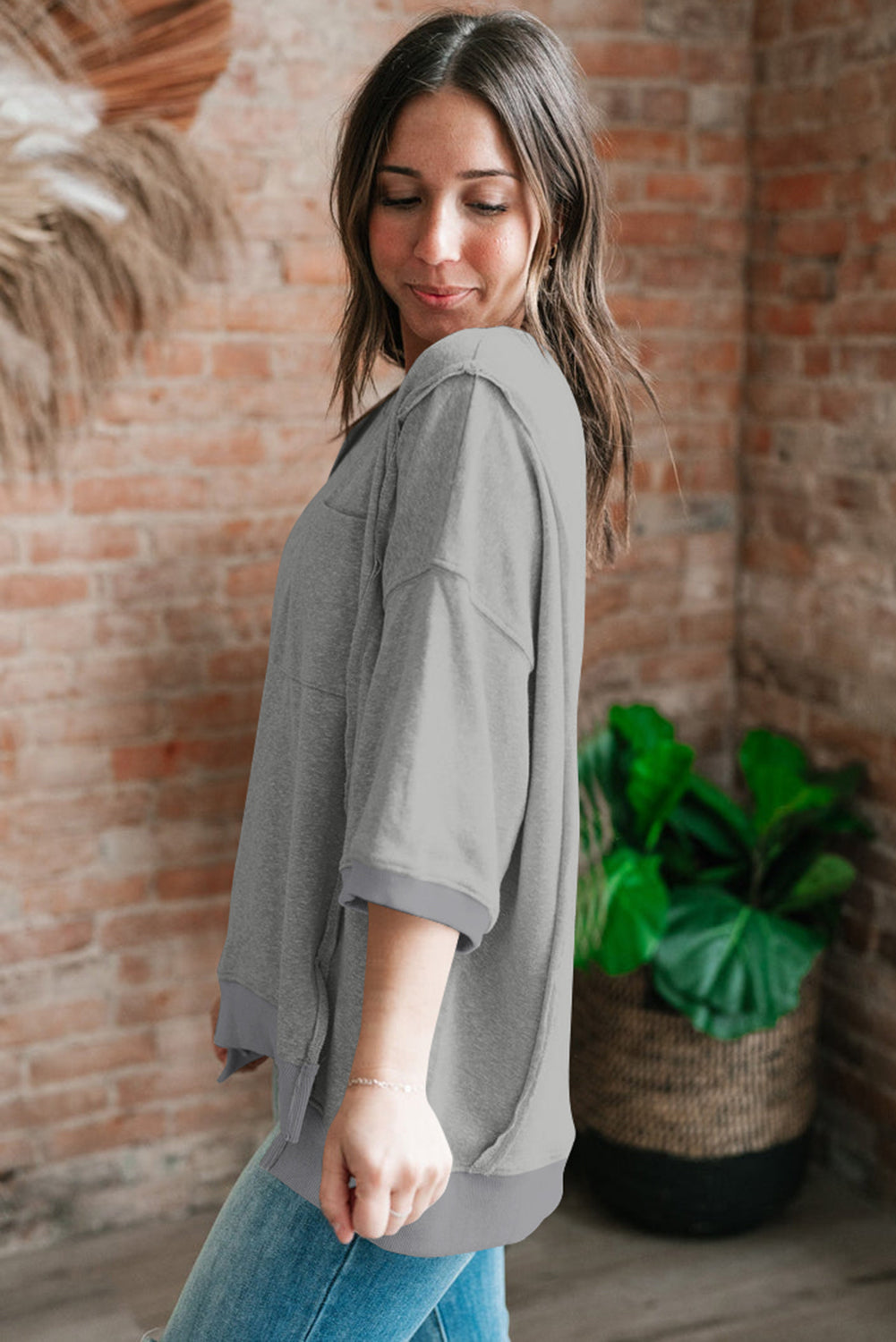 Light Grey Exposed Seam Pocket Side Split Loose T Shirt