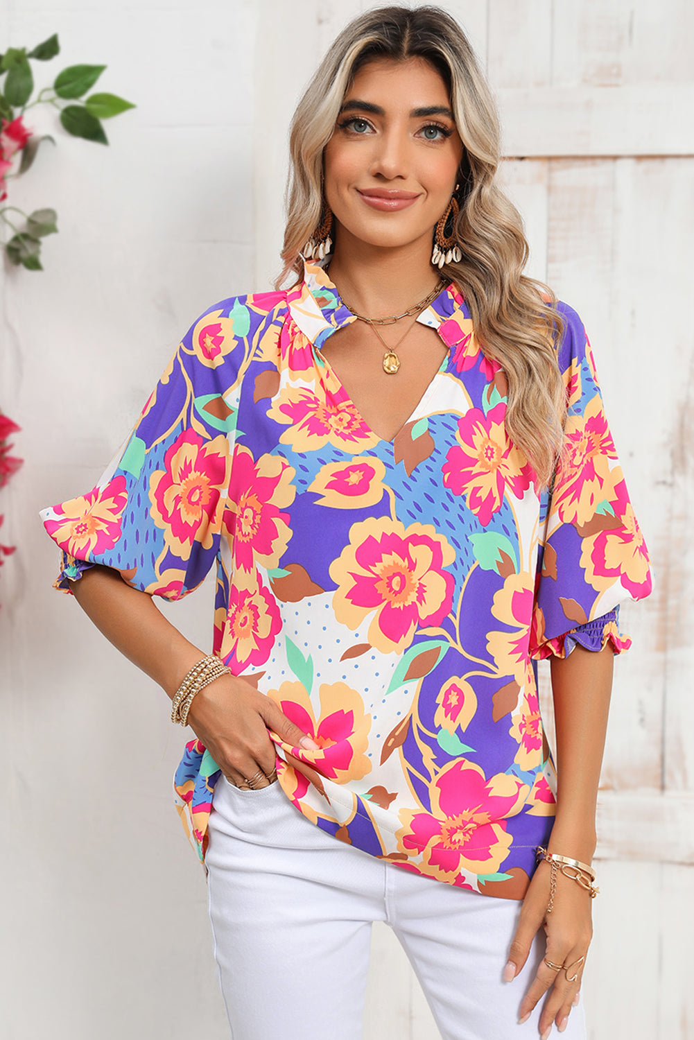 Rose Red Floral Frilled Split Neck Bubble Sleeve Blouse