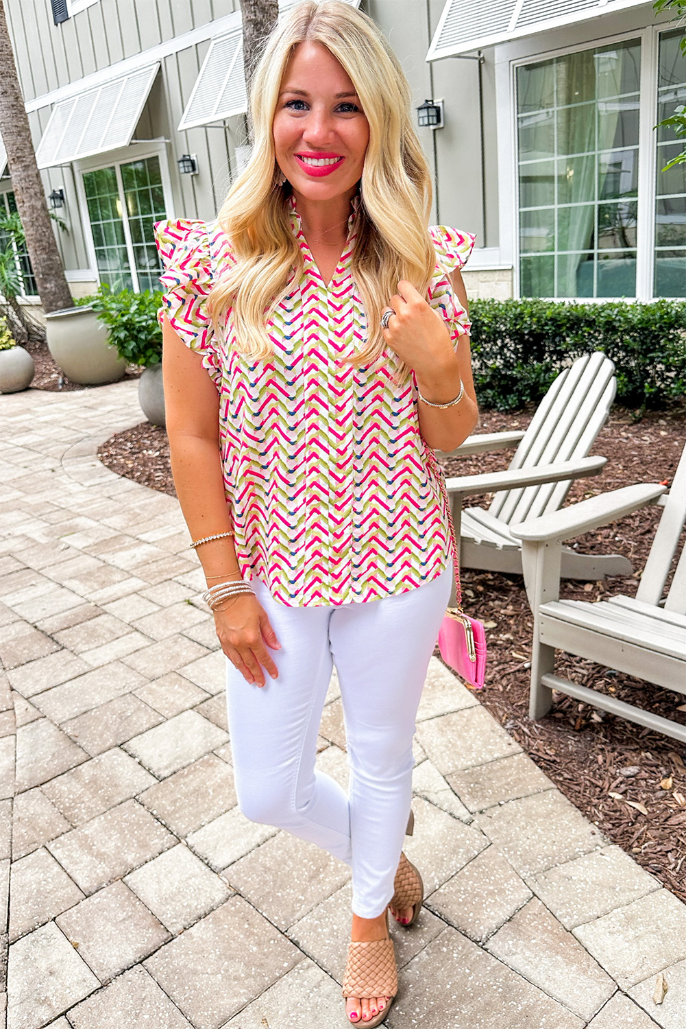 Multicolor Chevron Print Frill V Neck Ruffle Blouse