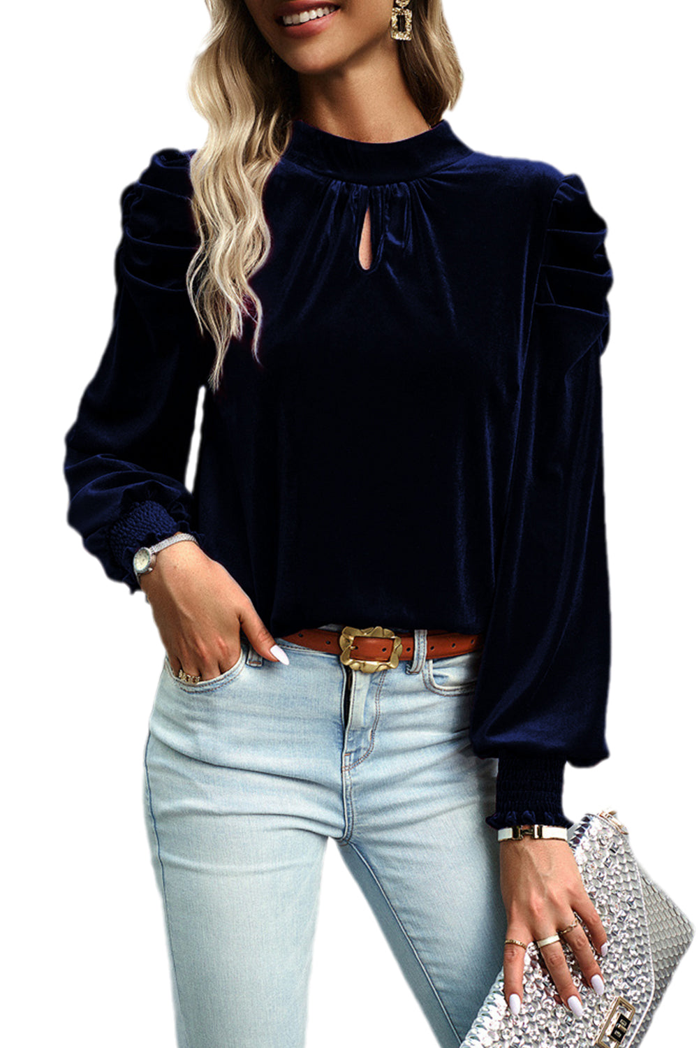 Peach Blossom Mock Keyhole Neck Puff Sleeve Velvet Blouse