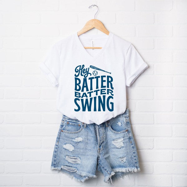 Hey Batter Batter Wavy Graphic V-Neck Tee