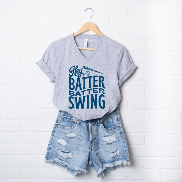 Hey Batter Batter Wavy Graphic V-Neck Tee