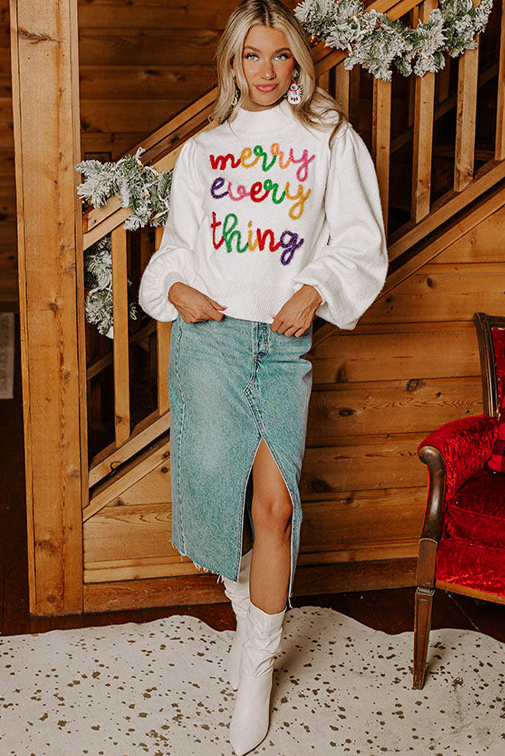 White Colorful Tinsel Merry Every Thing Graphic Mock Neck Sweater