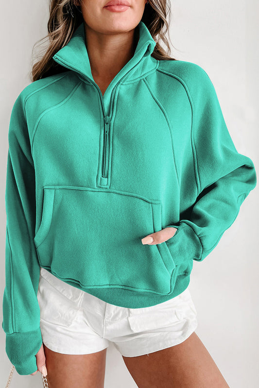 Smoke Green Zip Up Stand Collar Ribbed Thumbhole Sleeve Sweatshirt