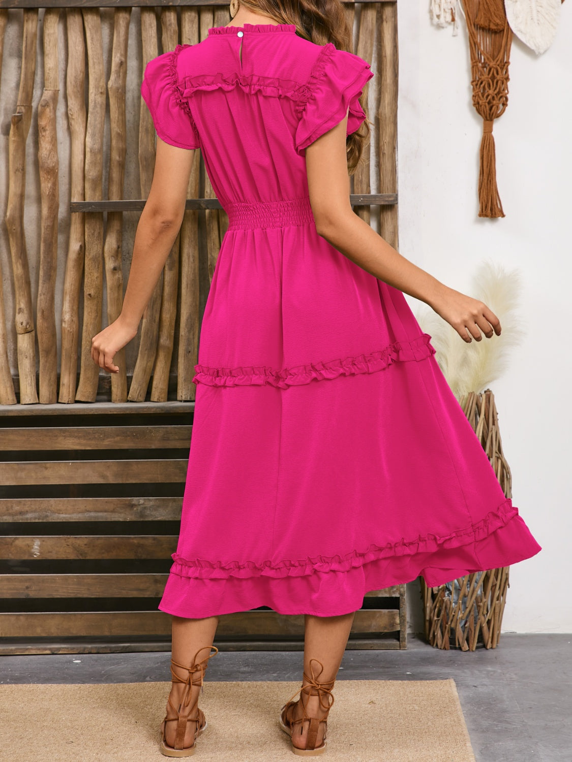 Frill Round Neck Cap Sleeve Midi Dress