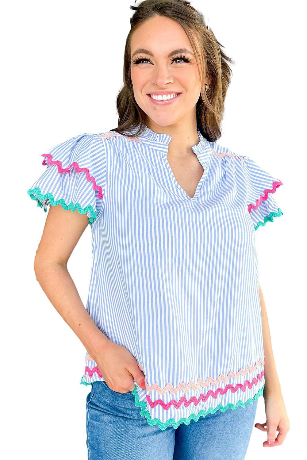 Pink Striped Ricrac Splicing Frill V-Neck Blouse