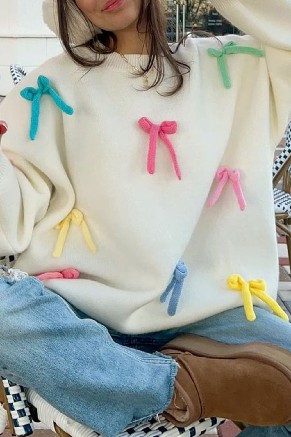 Beige Colorful Bowknot Crewneck Knit Sweater