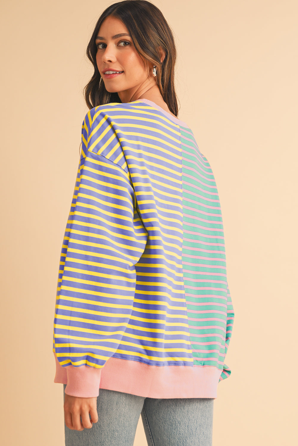 Sky Blue Stripe Colorblock Drop Shoulder Oversize Sweatshirt