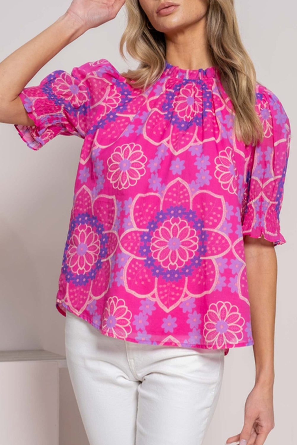 Rose Floral Print Frill Neck Smocked Cuffs Blouse