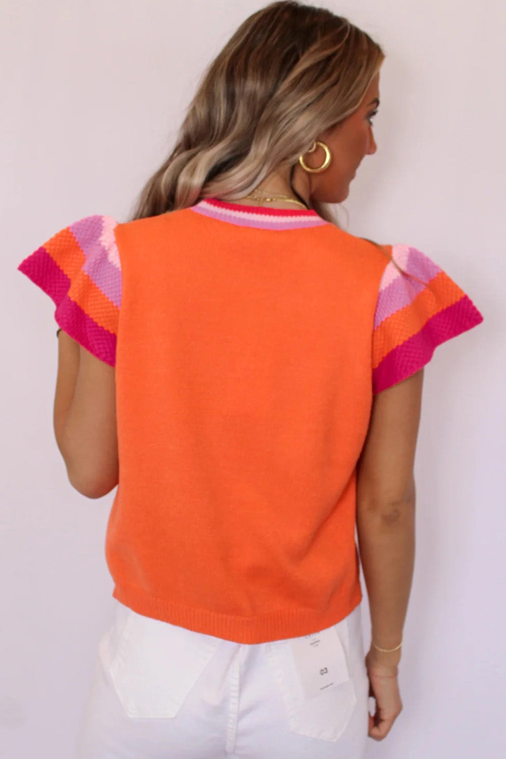 Bright Pink Contrast Sleeve Striped Round Neck Knitted Tee