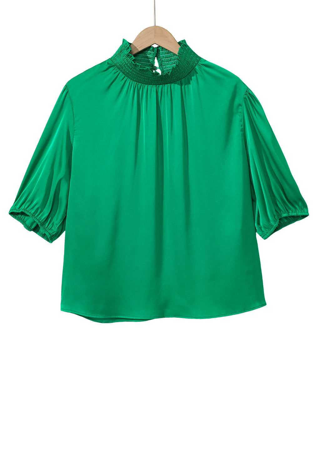 Sea Green Shirred High Neck Puff Sleeve Plus Size Blouse