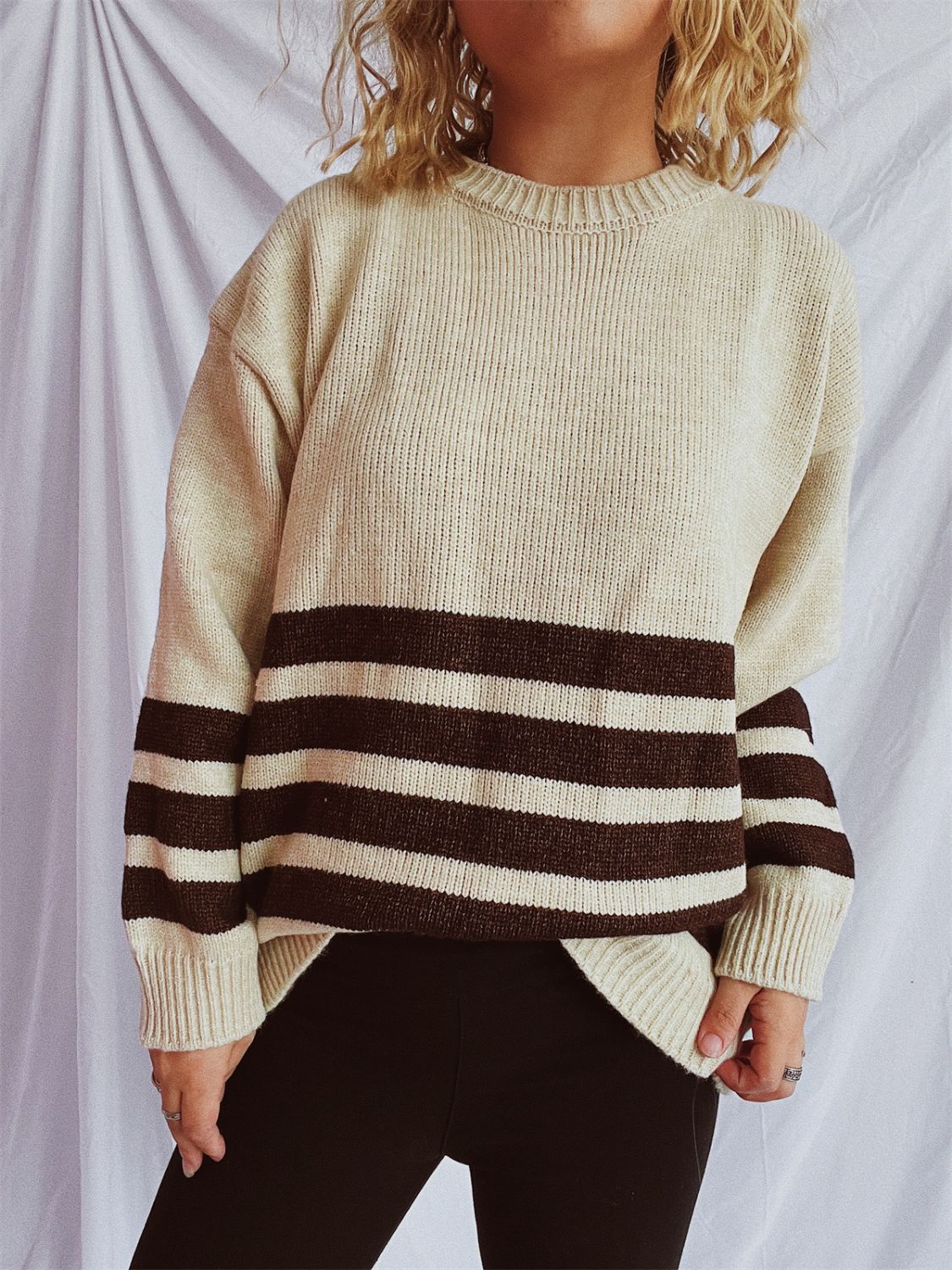 Striped Dropped Shoulder Long Sleeve Sweater