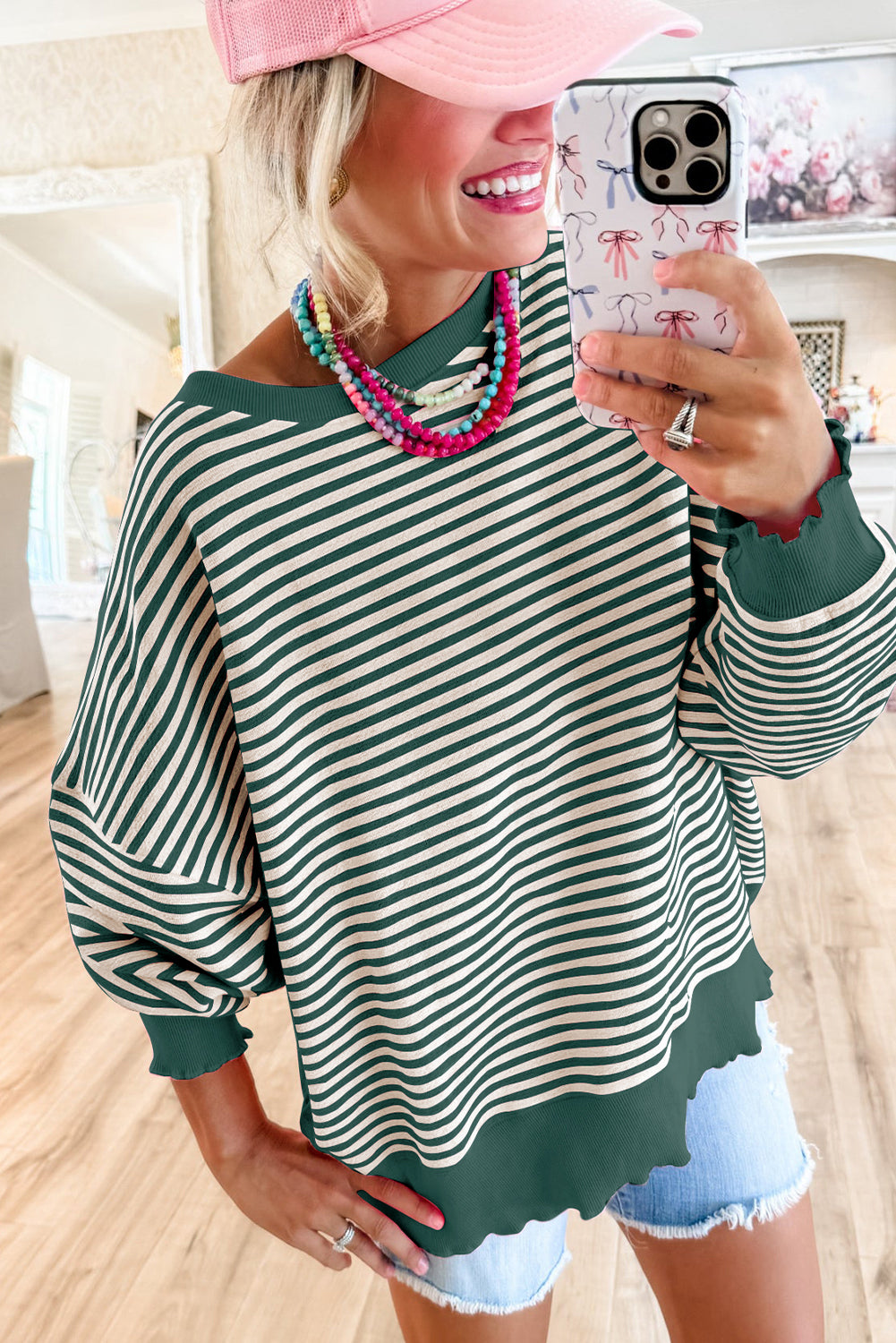 Brown Stripe Drop Shoulder Long Sleeve Top