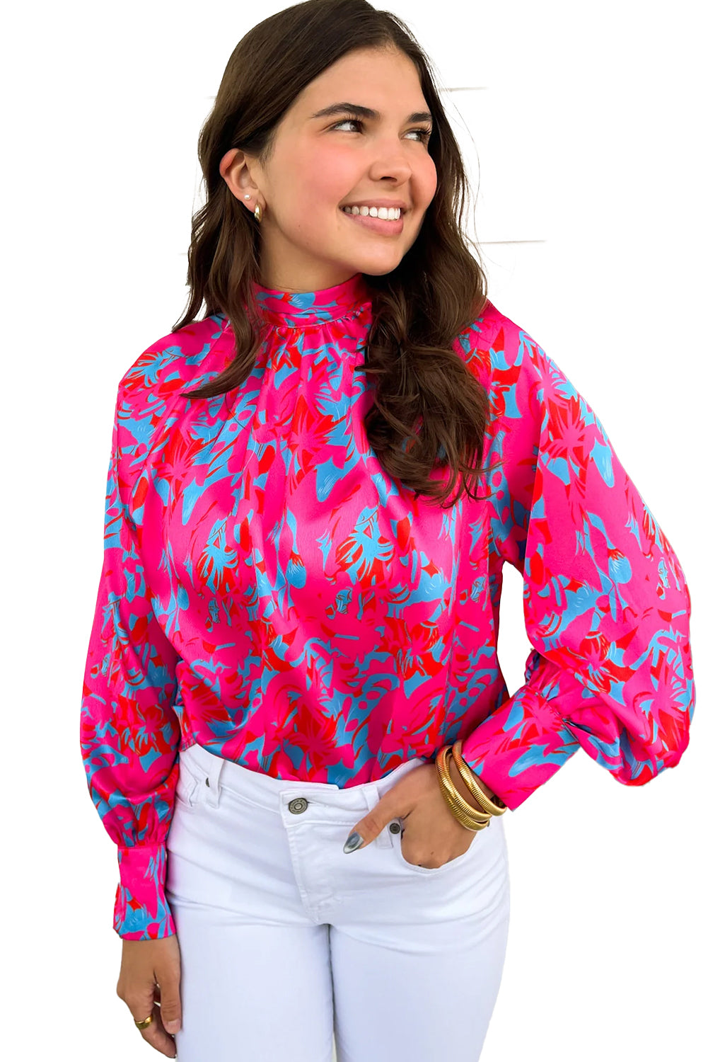 Purple Abstract Mock Neck Puff Sleeve Blouse