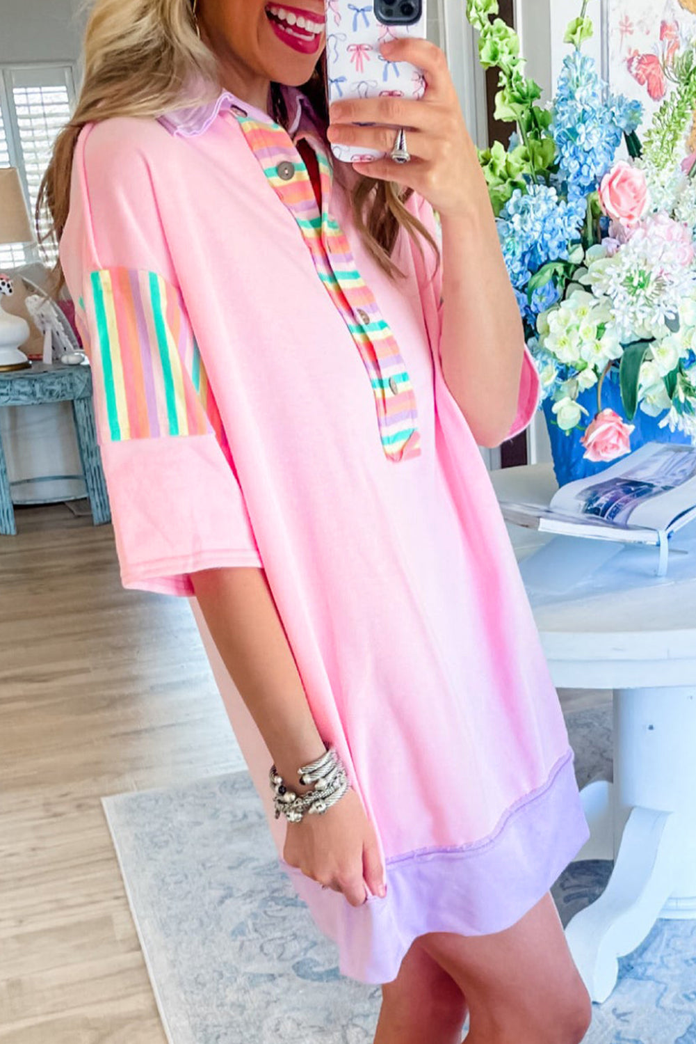 Pink Rainbow Stripe Henley Collar Patchwork Mini Dress