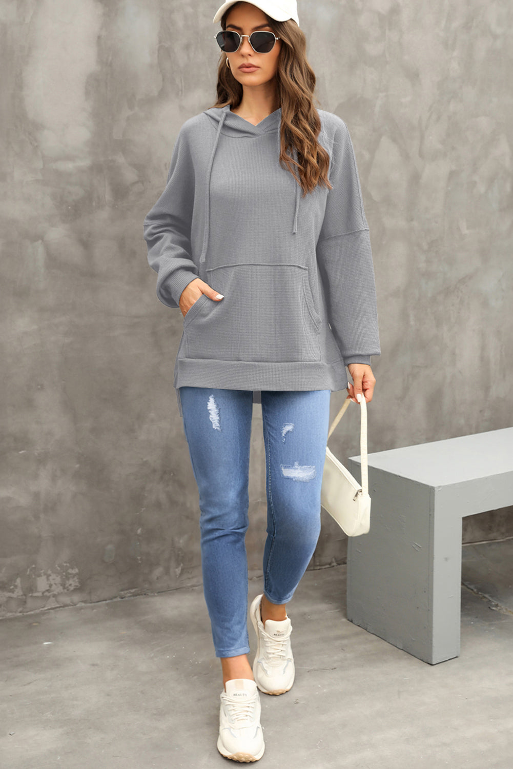 Gray Waffle Knit High Low Oversized Hoodie