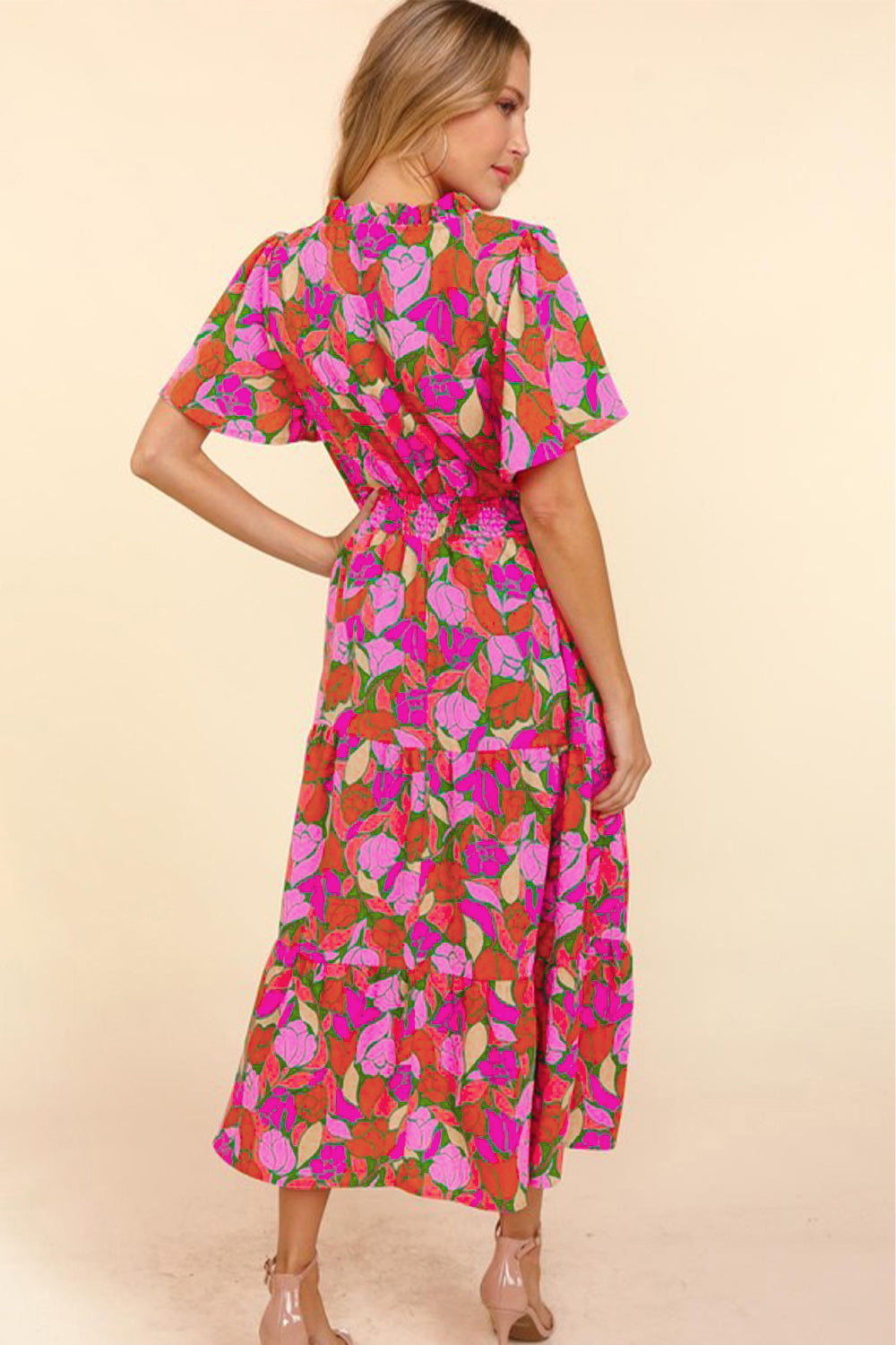 Rose Floral Flounce Sleeve Smocked Waist Tiered Maxi Dress